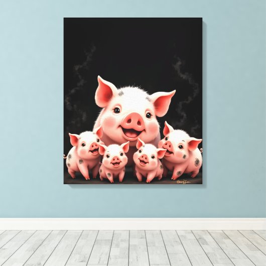 Pig Artwork – Mother Pig & Piglets Canvas Afdruk (Insitu (Houten vloer))