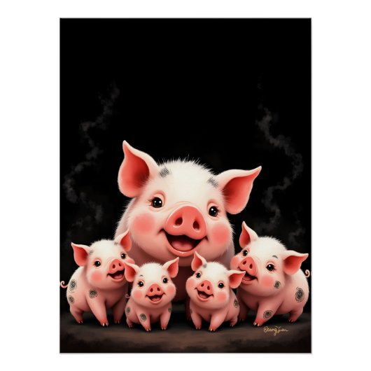 Pig Artwork – Mother Pig & Piglets Perfect Poster (Voorkant)