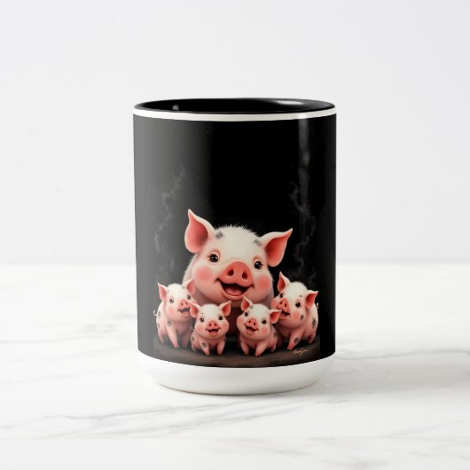 Pig Artwork – Mother Pig & Piglets Tweekleurige Koffiemok (Center)