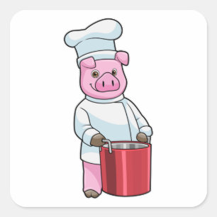 Pig as Cook with Cooking pot Vierkante Sticker