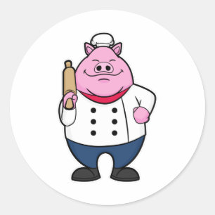 Pig as Cook with Rolling pin Ronde Sticker