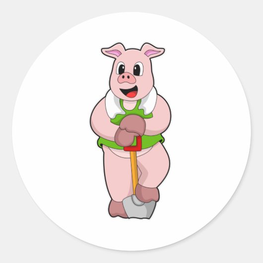 Pig as Farmer with Shovel Ronde Sticker (Voorkant)