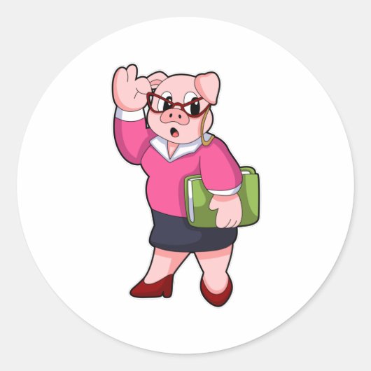 Pig as Secretary with Glasses Ronde Sticker (Voorkant)