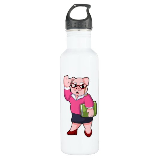 Pig as Secretary with Glasses Waterfles (Voorkant)