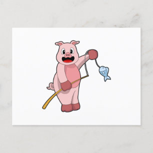 Pig at Fishing with Fishing rod & Fish Briefkaart