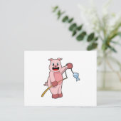 Pig at Fishing with Fishing rod & Fish Briefkaart (Staand voorkant)