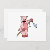 Pig at Fishing with Fishing rod & Fish Briefkaart (Voorkant / Achterkant)