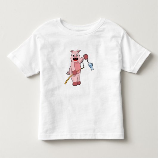 Pig at Fishing with Fishing rod & Fish Kinder Shirts (Voorkant)