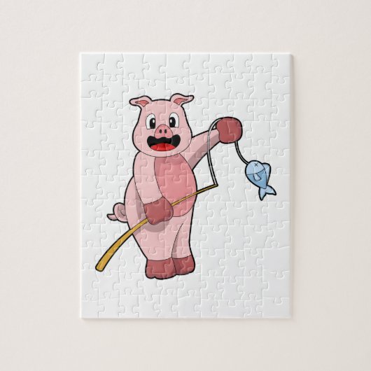 Pig at Fishing with Fishing rod & Fish Legpuzzel (Verticaal)