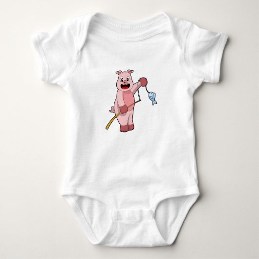 Pig at Fishing with Fishing rod & Fish Romper (Voorkant)