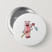 Pig at Fishing with Fishing rod & Fish Ronde Button 7,6 Cm (Voorkant /achterkant)