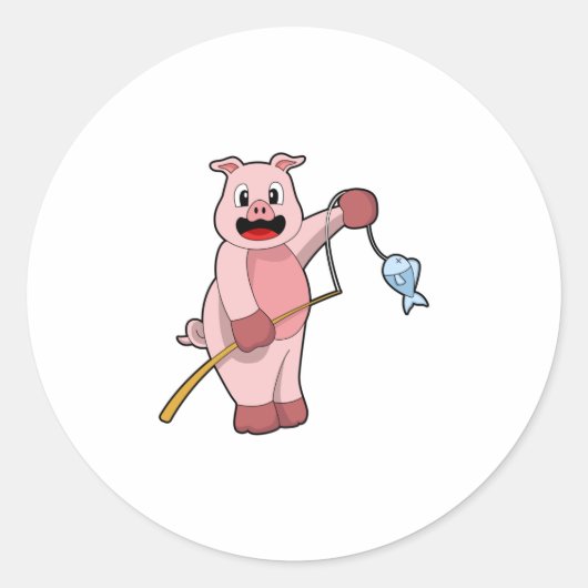 Pig at Fishing with Fishing rod & Fish Ronde Sticker (Voorkant)