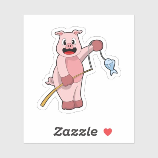 Pig at Fishing with Fishing rod & Fish Sticker (Vel)