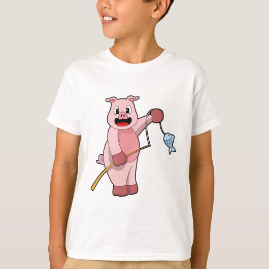 Pig at Fishing with Fishing rod & Fish T-shirt (Voorkant)