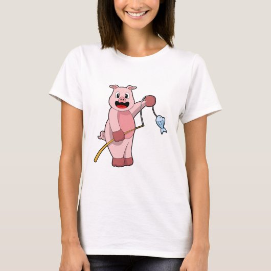 Pig at Fishing with Fishing rod & Fish T-shirt (Voorkant)
