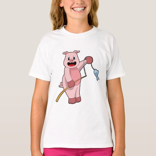 Pig at Fishing with Fishing rod & Fish T-shirt (Voorkant)