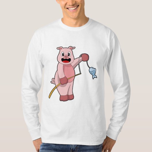 Pig at Fishing with Fishing rod & Fish T-shirt (Voorkant)
