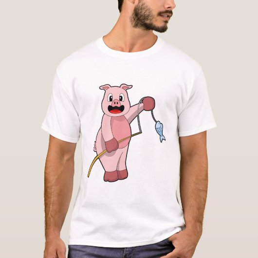 Pig at Fishing with Fishing rod & Fish T-shirt (Voorkant)