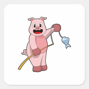 Pig at Fishing with Fishing rod & Fish Vierkante Sticker