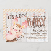 Pig Baby shower uitnodiging, Jongen, Boerderij Kaart (Voorkant / Achterkant)