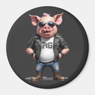 Pig Biker Rebel in Leather Jacket Cool Style Urban Magneet