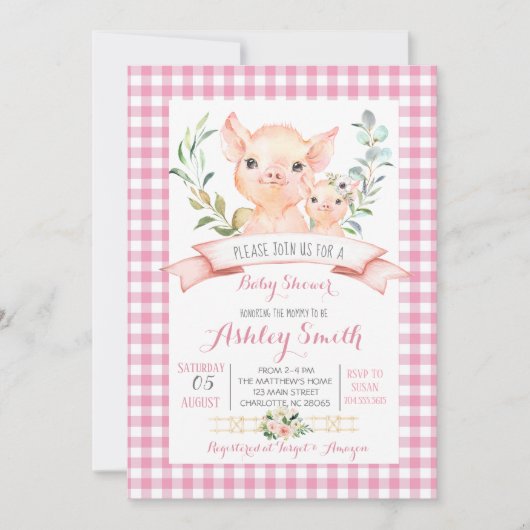 Pig boerderij baby shower uitnodiging roze meisje (Voorkant)