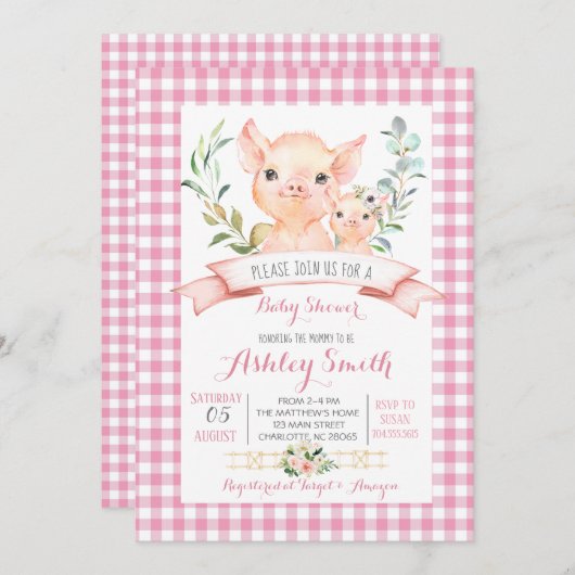 Pig boerderij baby shower uitnodiging roze meisje (Voorkant / Achterkant)