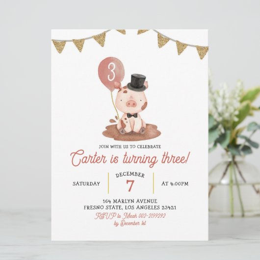 Pig Boerderij Boy Birthday Uitnodiging (Staand voorkant)