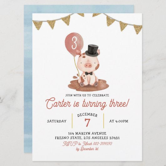 Pig Boerderij Boy Birthday Uitnodiging (Voorkant / Achterkant)