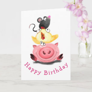 Pig Chicken and Mouse Friends Funny Birthday Kaart
