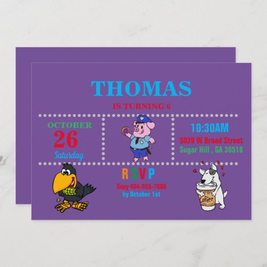 Pig, Crow, Dog Funny Invitation Kaart (Voorkant / Achterkant)