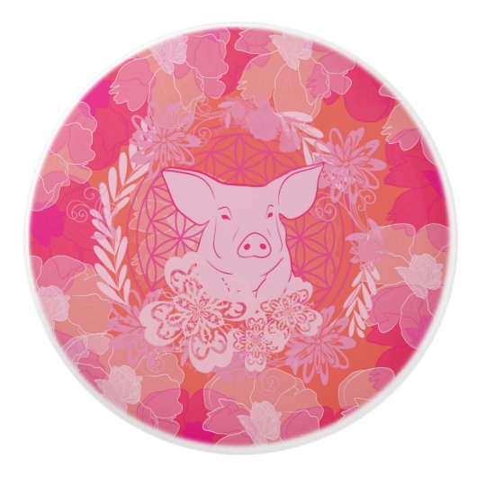 pig, flower of life, blue, mandala, zen, chakra, p keramische knop (Voorkant)