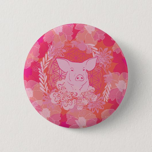 pig, flower of life, blue, mandala, zen, chakra, p ronde button 5,7 cm (Voorkant)