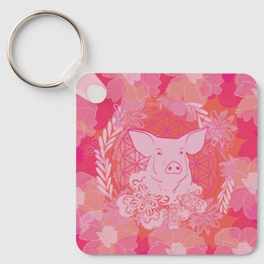 pig, flower of life, blue, mandala, zen, chakra, p sleutelhanger (Voorkant)
