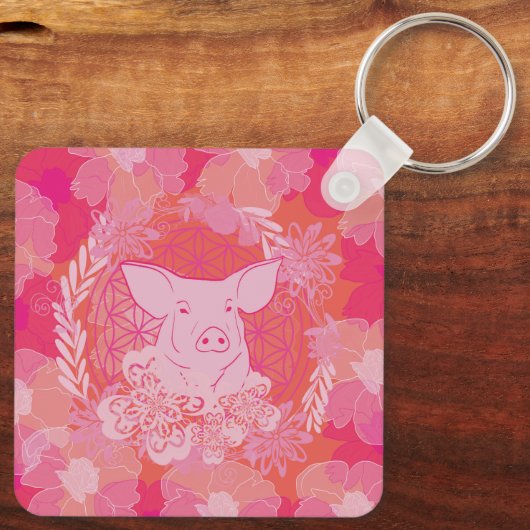 pig, flower of life, blue, mandala, zen, chakra, p sleutelhanger (Achterkant)