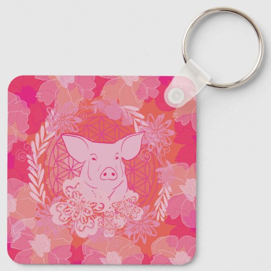 pig, flower of life, blue, mandala, zen, chakra, p sleutelhanger (Achterkant)