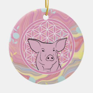 pig, flower of life, roze, mandala, zen, chakra keramisch ornament