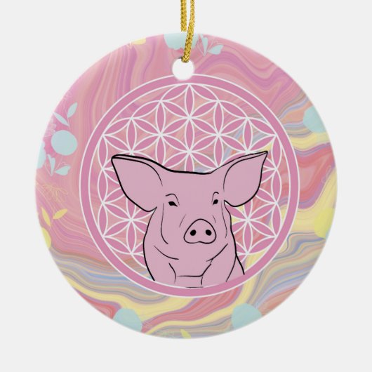 pig, flower of life, roze, mandala, zen, chakra keramisch ornament (Voorkant)