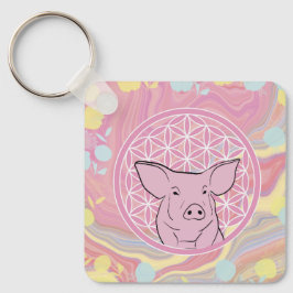 pig, flower of life, roze, mandala, zen, chakra sleutelhanger