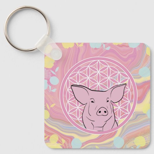 pig, flower of life, roze, mandala, zen, chakra sleutelhanger (Voorkant)