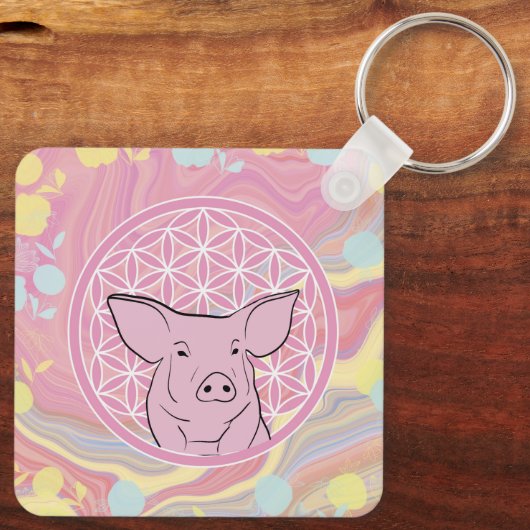 pig, flower of life, roze, mandala, zen, chakra sleutelhanger (Achterkant)