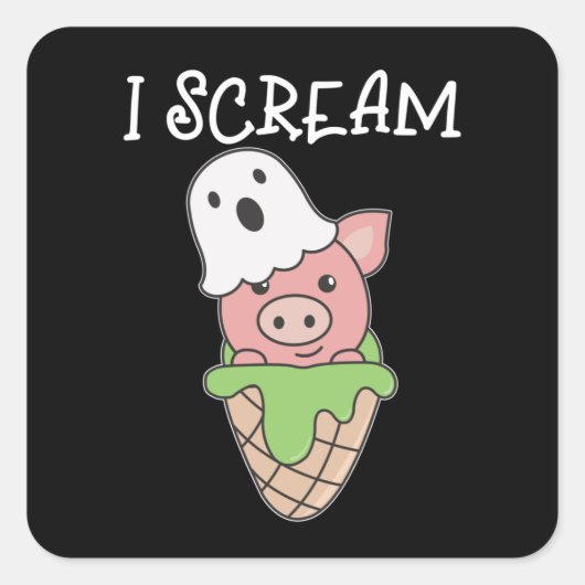 Pig Halloween Ghost I Scream Ice Cream Pun Vierkante Sticker (Voorkant)