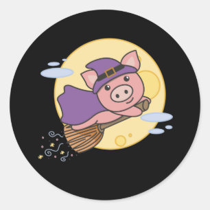 Pig Halloween Witch Kinder Witches Costume Ronde Sticker