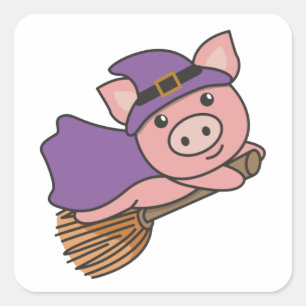 Pig Halloween Witch Kinderen Witches Costume Squar Vierkante Sticker