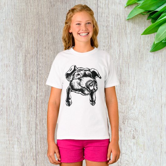 Pig Head Farm Animal Drawing in Black White T-shirt