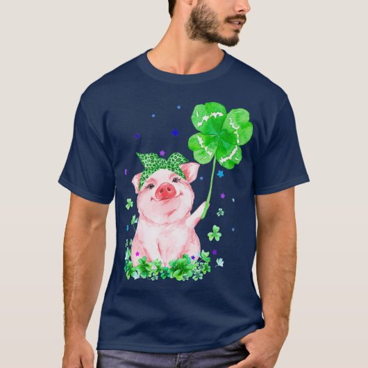 Pig Holding Shamrock Stars Cute St Patricks Day T-shirt (Voorkant)