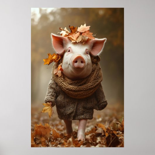 Pig in Fall Clothes Art Print, Rustic Autumn Home Poster (Voorkant)