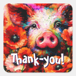 Pig in Red Poppy Flowers Bedankt Vierkante Sticker