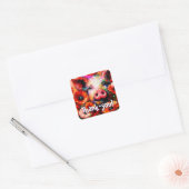 Pig in Red Poppy Flowers Bedankt Vierkante Sticker (Envelop)