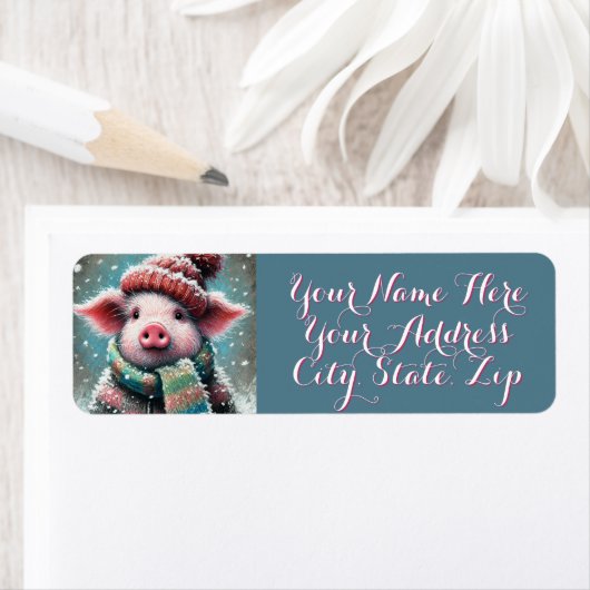 Pig in Scarf Snowflakes Personalized Christmas Etiket (Insitu)